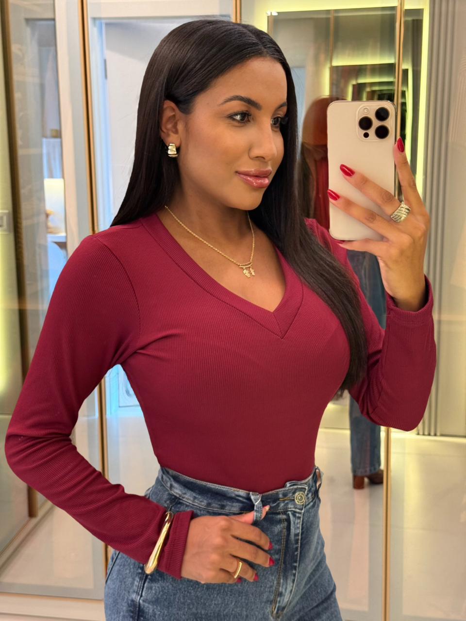 blusa tÉrmica gola v (marsala)