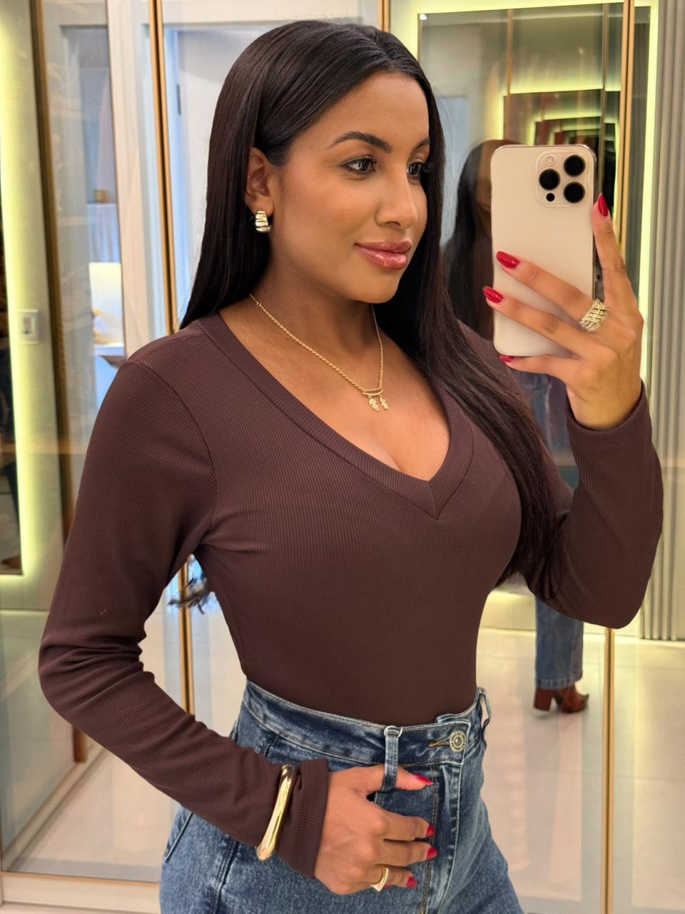 blusa tÉrmica gola v (marrom)